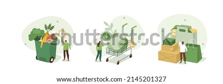 Food loss and waste illustration set. Characters trying to reduce food waste, meal garbage and overconsumption problem. Environment and resources problem concept. Vector illustration. Photo stock © 