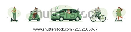 Electric transportation illustration set. Characters driving electric car, bike, scooter and motorcycle. Eco friendly vehicle concept. Vector illustration.