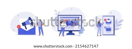E-mail marketing and promotion illustration set. Characters sending advertising mails and promotional offers with sales and discounts. Ecommerce business concept. Vector illustration.