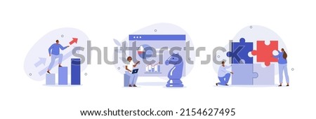 Business strategy illustration set. Characters assembling jigsaw puzzle, moving chess figure, demonstrating financial growth. Strategy, planning and success concept. Vector illustration.