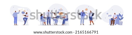 Business people illustration set. Characters working at home office and coworking space. People talking with colleagues, planning business strategy and analyzing financial graphs. Vector illustration.