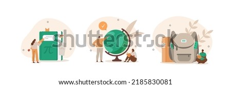 
Back to school illustration set. Characters preparing to start a new academic year. Students studying lessons, reading books and organizing school backpack.  Education concept. Vector illustration.
