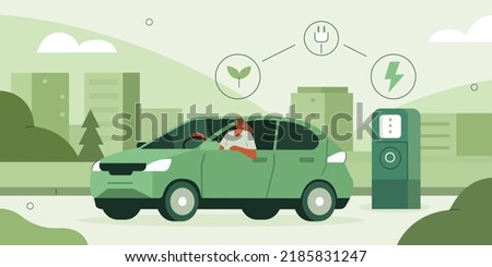 Character parking private electric car near charging station in modern city. Sustainable lifestyle, electric transportation and eco friendly vehicle concept. Vector illustration.