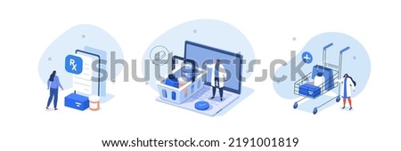 Medical illustration set. Doctor standing near shopping basket and cart full of medicaments. Patient receiving online prescription. Pharmacy store and online medicine concept. Vector illustration.