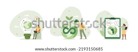 Circular economy illustration set. Sustainable economic growth strategy, recourses reuse and reduce co2 emission and climate impact. ESG, green energy and industry concept. Vector illustration.  Foto stock © 