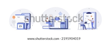 Taxes illustration set. Characters using tax calendar to filling tax declaration form online and with financial advisor. Taxation planning concept. Vector illustration.