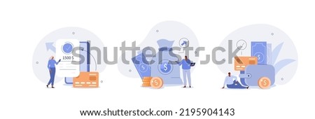 Financial illustration set. Characters saving money in cash, credit card or in savings bank accounts. Personal finance management and savings concept. Vector illustration.