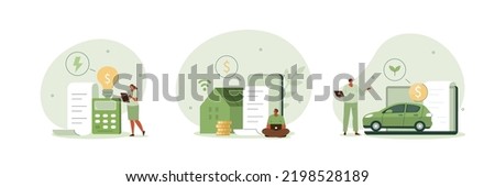 Sustainability illustration set. Characters calculating and paying electricity, utilities and household invoice bills. Home finances management and sustainable housing concept. Vector illustration.