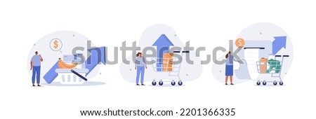 Inflation illustration set. Characters buying food in supermarket and worries about groceries rising price. Consumer price index growth and financial crisis concept. Vector illustration.