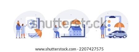 Insurance illustration set. Characters presenting car, property and family health or life insurance policies with risk coverage. Insured persons and objects. Vector illustration.
