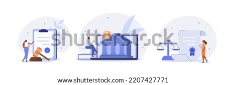 
Law and justice illustration set. Characters and lawyers signing contract, agreement or document. Public law consulting and legal advice concept. Vector illustration.