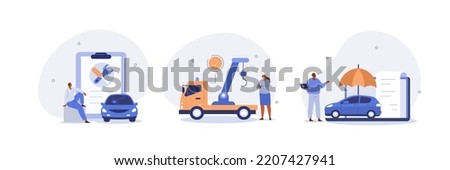 Vehicle insurance illustration set. Characters presenting full coverage insurance policy with repair and tow truck services. Auto protection concept. Vector illustration.