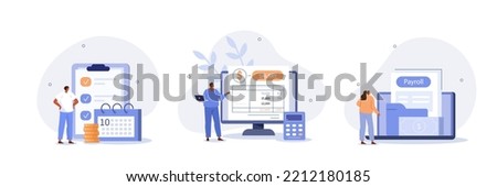 
Financial administration set. Characters calculating and filling salary payslip and payroll report. Business accounting, organization and audit concept. Vector illustration.