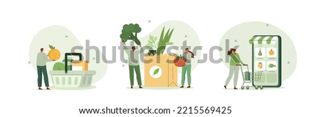 
Grocery store illustration set. Character buying in supermarket and online fresh organic vegetables and other groceries and putting in bag or basket. Food buying concept. Vector illustration.