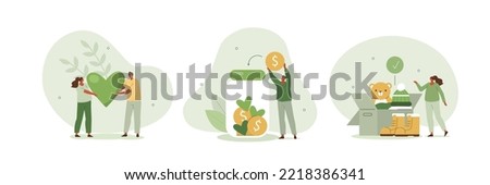 Donation illustration set. Volunteers collecting and packing used clothes in boxes for charity. Characters putting money and hearts in jar. Financial support concept. Vector illustration.