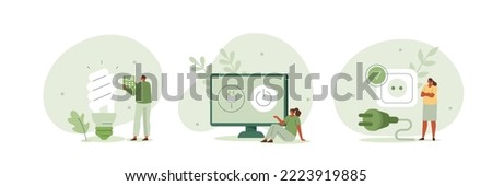 Sustainability illustration set. Characters reduce energy consumption at home, unplug appliances, use energy saving light bulb, switch device to standby mode. Power save concept. Vector illustration.