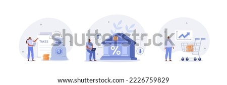 Public finance illustration set. Central bank conduct monetary or fiscal policy to control interest rate and reduce inflation. Characters integrating with government institutions. Vector illustration.