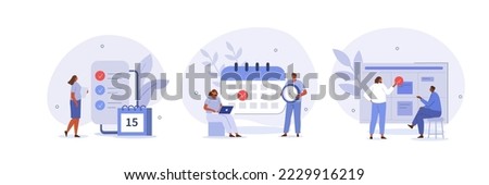 Schedule planning illustration set. Characters planning work tasks, filling check list, making schedule using calendar. Business and organization concept. Vector illustration.
