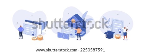 Public funds illustration set. Characters receiving educational grant, subsidy or over financial support from federal budget. Government incentives concept. Vector illustration.