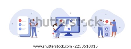 Schedule planning illustration set. Characters managing, prioritizing and delegating important work tasks. Team leader filling to do list. Business and organization concept. Vector illustration.
