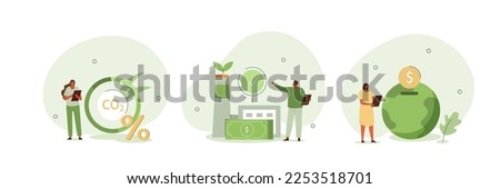 Sustainability illustration set. Characters showing ways to reduce CO2 emission through carbon tax, credit and eco investing. Low carbon and environmental responsibility concept. Vector illustration.