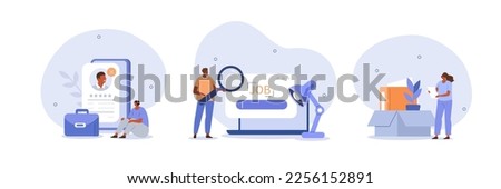 Job searching and loss illustration set. Characters getting CV rejection, being unemployed and having difficulties of searching for new job. Labor market concept. Vector illustration.