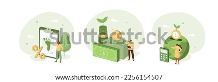 
Sustainability illustration set. Characters showing ways to reduce CO2 pollution through carbon tax, credit and eco investing. Taxation of carbon emissions concept. Vector illustration.