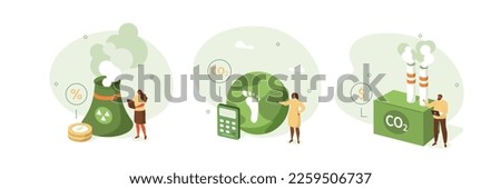 
Sustainability illustration set. Characters demonstrating methods of reducing CO2 impact through carbon management and taxes. Low carbon and environmental responsibility concept. Vector illustration.