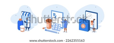 
Medical illustration set. Patients and doctors at online drugstore buying pills, bottles and other medications and medical supplies. Pharmacy store and online medicine concept. Vector illustration.