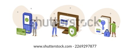Cybersecurity set. Characters making safety credit card payments through smartphone, computer online and contactless by terminal. Secure electronic money transaction concept. Vector illustration.