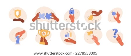 Hand gestures illustration set. Characters hands pointing at question mark, connecting puzzle pieces, holding trophy cup, lock and other stuff. Business concept. Vector illustration.