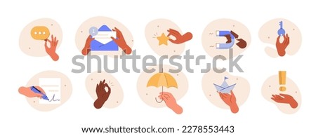 
Hand gestures illustration set. Characters hands signing document, giving feedback, holding magnet, key, umbrella and other corporate stuff. Business processes metaphor concept. Vector illustration.