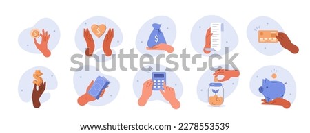 Hand gestures illustration set. Characters hands holding bill, credit card, cash money and other business and finance stuff. Financial activity concept. Vector illustration.
