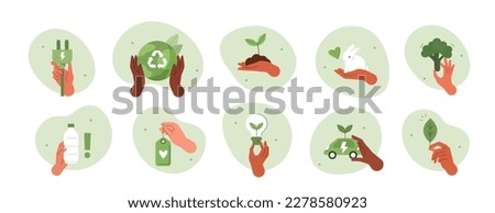 Climate change illustration set. Characters hands holding planet earth, electric car, leaf and other objects as metaphor for green energy, transportation and sustainability. Vector illustration.