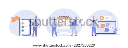 Time management illustration set. Collection of characters organizing schedule, planning calendar appointments and successfully completing work tasks. Organization concept. Vector illustration.