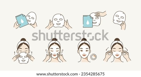 Skincare illustrations set. Collection of girl making facial care procedures and applying sheet mask on her face. Skin care routine, hygiene and moisturizing. Vector illustration