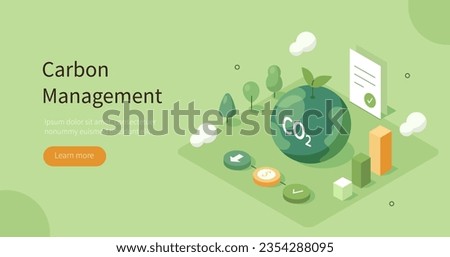 Sustainability isometric concept. Co2 emission impact reduction through carbon management and taxes. Low carbon and environmental responsibility. Vector illustration