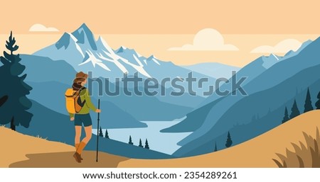 Adventure tourism and travel concept. Woman traveler with backpack wearing trekking gear standing on the top of hiking trail and looking at the mountains landscape. Vector illustration