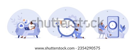 Flexible and hybrid working hours concept illustrations set. Collections of characters working on part and full time job positions or freelance at home. Vector illustration