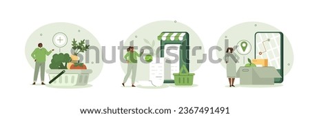 Grocery food concept. Character buying online fresh organic vegetables and other groceries, paying for an order and receiving delivery. Vector illustration set.