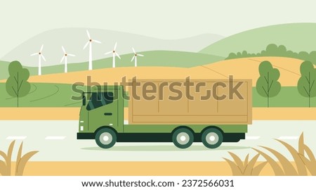 Sustainable green logistics and transportation concept. Shipping truck driving along road near fields with solar panels and wind turbines. Vector illustration