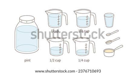 Cooking weights and measures icons set. Typical measuring system for liquid culinary ingredients. Measurements for different recipes. Flat vector illustration isolated on white background