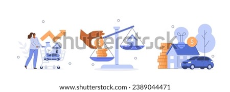 Cost of living, consumer price index rising. Character worries about goods, groceries, housing, utilities price increases. Crisis, inflation concept. Vector illustration isolated on white background  