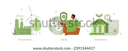 ESG, green energy, sustainable industry, ecological production concept set. Environmental, Social, Corporate Governance. Vector illustration isolated on white background 