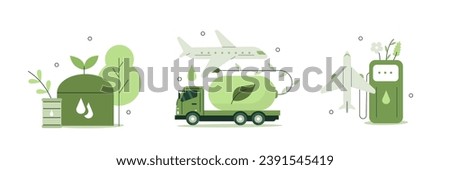 Sustainable aviation, green air transportation concept set. Aircraft charging with ecological, environment friendly, renewable fuel. Vector illustration isolated on white background  