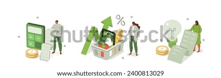 Cost of living, consumer price index rising. Characters worries about goods, groceries,  utilities price increases. Vector illustration isolated.