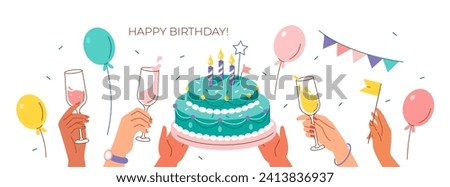 
Birthday party celebration. Characters hands holding birthday cake with candles, balloons and champagne glasses. Holiday concept. Vector illustration 
