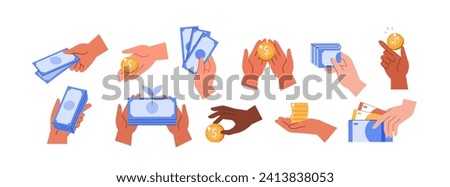 Hand gestures set. Diverse characters hands holding money coins, banknotes and cash on fingers and palms. Finance, investments and donation concept. Vector illustration isolated on white background 