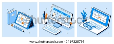 Schedule management, business and organization concept set. Office desk with calendar, laptop and computer with kanban board, to do list and tasks on screen.  Flat line isometric vector illustration 