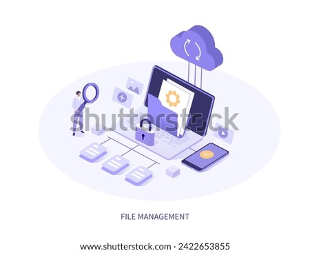 File management concept. Character search, share and secure transfer documents, folders and other data from devices in cloud database storage. Isometric vector illustration 